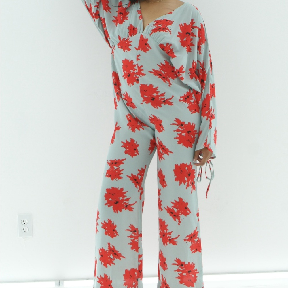 Floral Jumpsuit with Red and Gray Pattern